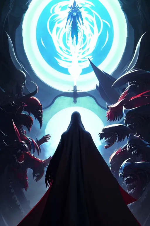 Image similar to video game cover, reaper dressed with a cape surrounded by demons, mid view, design on a black background, by studio muti, greg rutkowski makoto shinkai takashi takeuchi studio ghibli