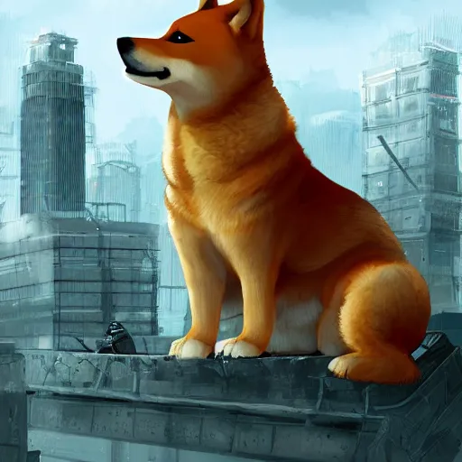 Prompt: giant shiba inu destroying a city, digital art, trending on artstation, highly detailed