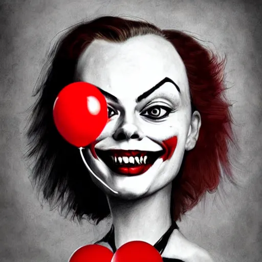 Prompt: surrealism grunge cartoon portrait sketch of margot robbie with a wide smile and a red balloon by - michael karcz, loony toons style, pennywise theme, horror theme, detailed, elegant, intricate