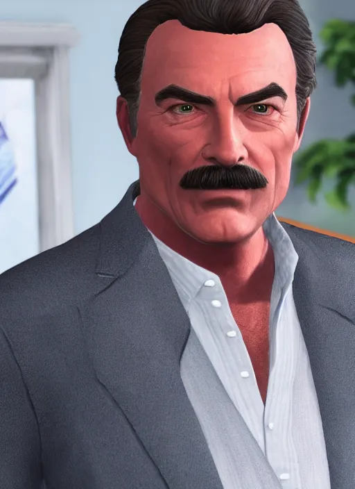 Prompt: film still of tom selleck as a sims character, gameplay, 8 k, hd