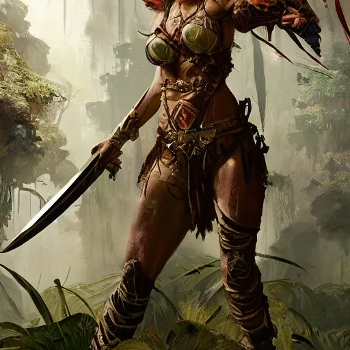 Image similar to a beautiful warrior woman with a legendary sword, detailed, jungle, by craig mullins _ w 7 0 0