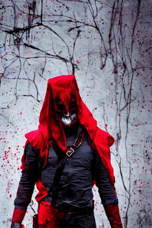 Image similar to red hood cosplay, creepy, disturbing, bloody, darkness, grainy