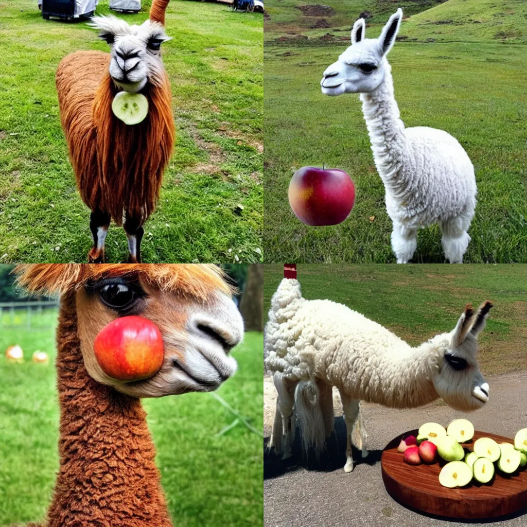 Prompt: a photo of a cute very alien llama eating apples