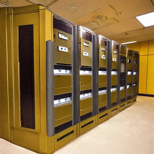 Prompt: diorama of a computer server bank room, gold, art deco, rust, worn, room full of computers