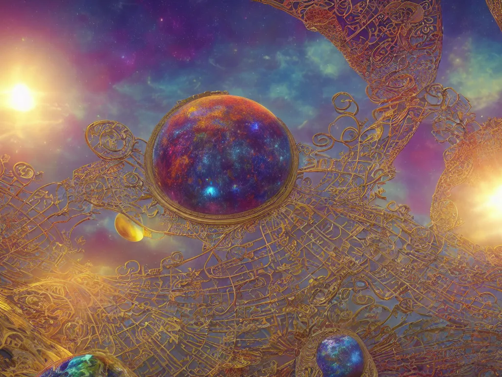 Image similar to 3 d render, sunlight study, the universe is a spheroid region 7 0 5 meters in diameter, art nouveau, by hans zatzka and ( ( ( ( ( lisa frank ) ) ) ) ), 8 k, sharp focus, octane render