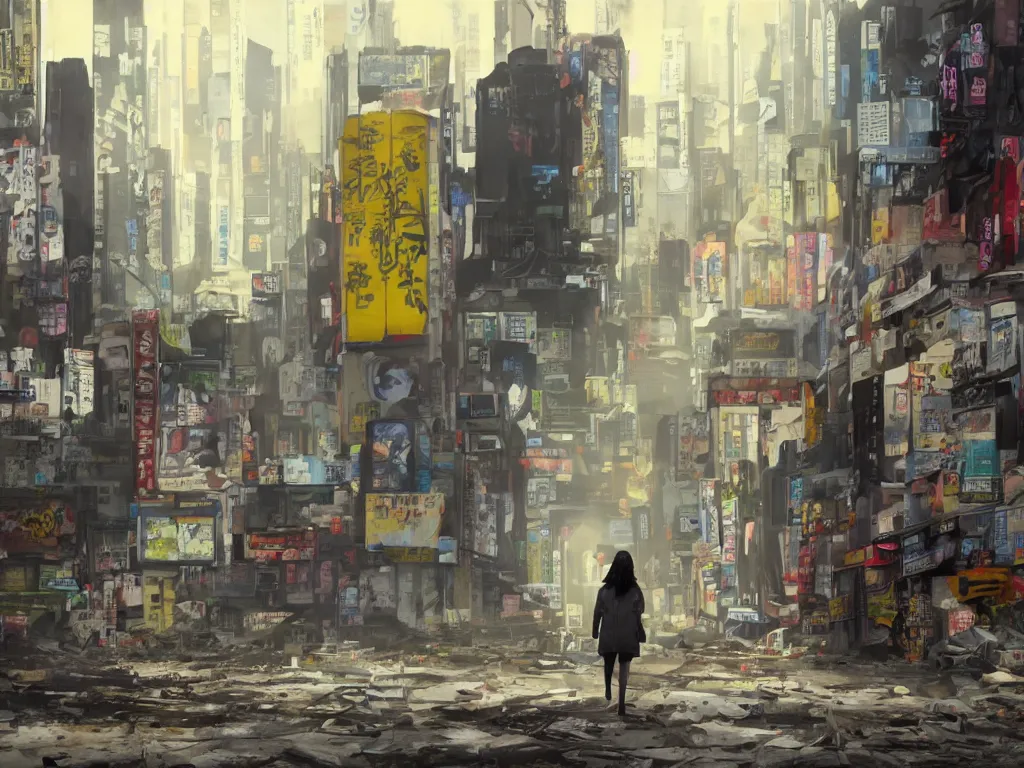 Prompt: incredible wide screenshot, ultrawide, simple watercolor, rough paper texture, ghost in the shell movie scene, backlit distant shot of girl in a parka running from a giant robot invasion side view, yellow parasol in deserted dusty shinjuku junk town, broken vending machines, bold graphic graffiti, old pawn shop, bright sun bleached ground, mud, fog, dust, windy, scary robot monster lurks in the background, ghost mask, teeth, animatronic, black smoke, pale beige sky, junk tv, texture, brown mud, dust, tangled overhead wires, telephone pole, dusty, dry, pencil marks, genius party,shinjuku, koji morimoto, katsuya terada, masamune shirow, tatsuyuki tanaka hd, 4k, remaster, dynamic camera angle, deep 3 point perspective, fish eye, dynamic scene