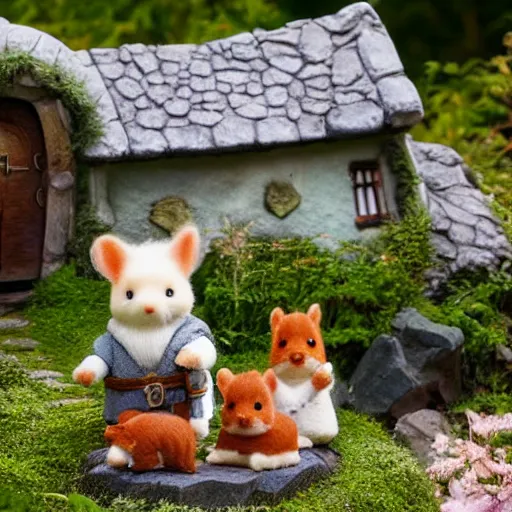 Prompt: lord of the rings calico critters in front of bilbo baggins house