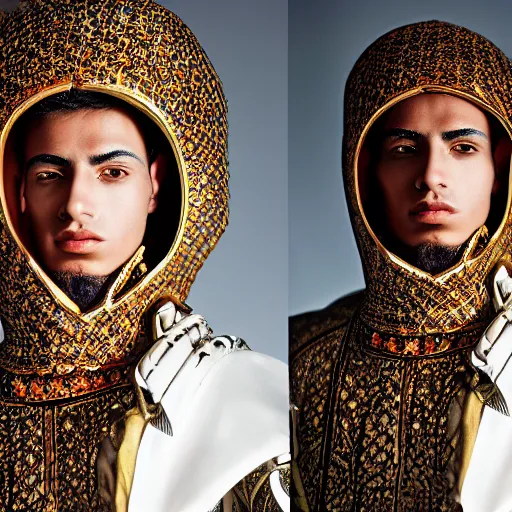 Image similar to a portrait of a beautiful young moroccan male wearing an alexander mcqueen armor , photographed by andrew thomas huang, artistic