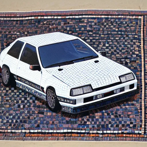 Prompt: Byzantine mosaic of a drifting white Toyota AE86