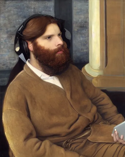 Image similar to Pre-Raphaelite portrait of a young beautiful brown-haired bearded male sitting in office wearing vr-headset