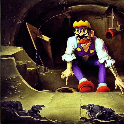 Image similar to waluigi emerges from the sewer to shame mankind, baroque oil painting, detailed, dramatic