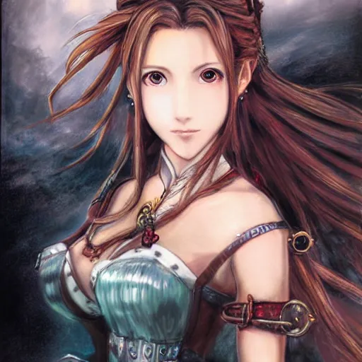 Prompt: a portrait painting of aerith from from final fantasy 7 with the steam punk city midgard as backdrop by master artist yoshitaka amano