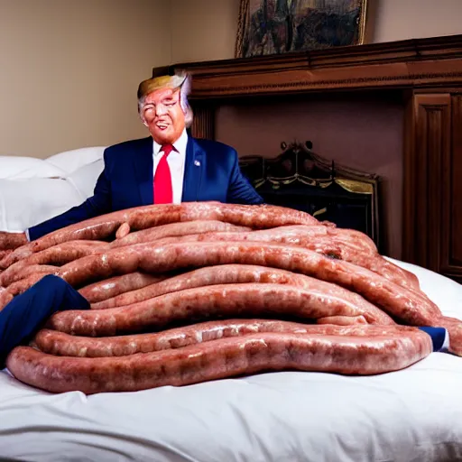 Image similar to Donald Trump in a bed covered in sausages, Canon EOS R3, f/1.4, ISO 200, 1/160s, 8K, RAW, unedited, symmetrical balance, in-frame