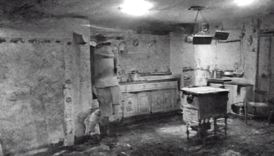 Image similar to a huge snake a man in a stalinist style kitchen, by mini dv camera, very very low quality, heavy grain, very blurry, accidental flash, webcam footage, found footage, security cam, caught on trail cam