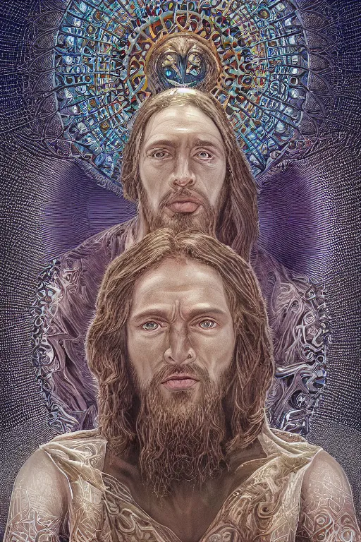Prompt: Jesus Christ Superstar Centered, uncut, unzoom, symmetry. charachter illustration. Dmt entity manifestation. Surreal render, ultra realistic, zenith view. Made by hakan hisim feat cameron gray and alex grey. Polished. Inspired by patricio clarey, heidi taillefer scifi painter glenn brown. Slightly Decorated with Sacred geometry and fractals. Extremely ornated. artstation, cgsociety, unreal engine, ray tracing, detailed illustration, hd, 4k, digital art, overdetailed art. Intricate omnious visionary concept art, shamanic arts ayahuasca trip illustration. Extremely psychedelic. Dslr, tiltshift, dof. 64megapixel. complementing colors. Remixed by lyzergium.art feat binx.ly and machine.delusions. zerg aesthetics. Trending on artstation, deviantart