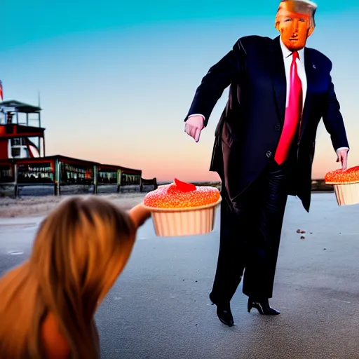 Prompt: donald trump hitting civilians with pudding cups, pudding stained clothes, golden hour, boardwalk, professional photography