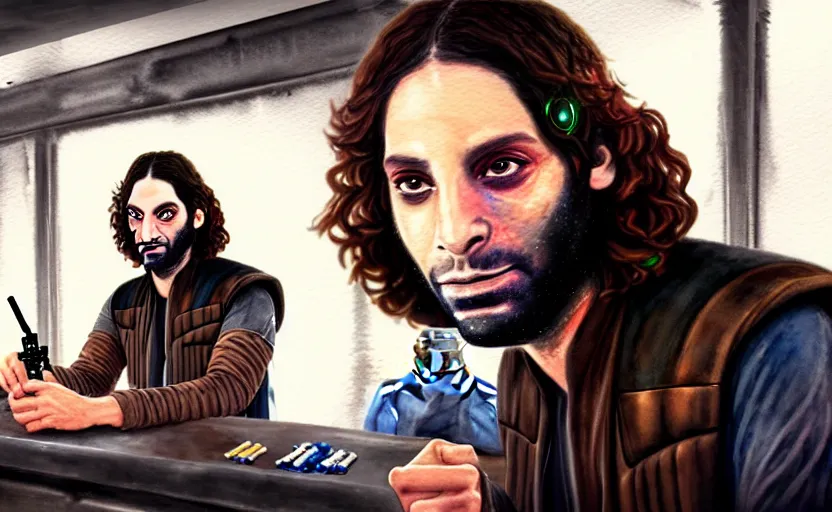 Image similar to a realistic star wars watercolor fantasy concept art of a drug dealer that looks like chris d'elia in a sleazy futuristic bar of coruscant, hq, 4 k