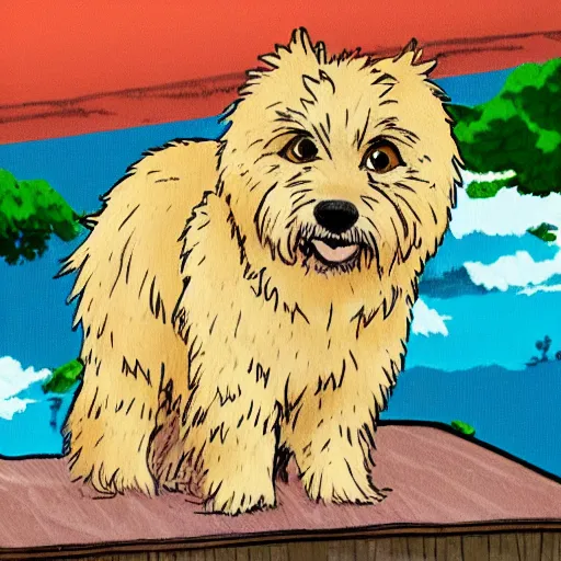 Prompt: A blond Norfolk terrier in the style of Studio Ghibli, very happy, detailed, award winning