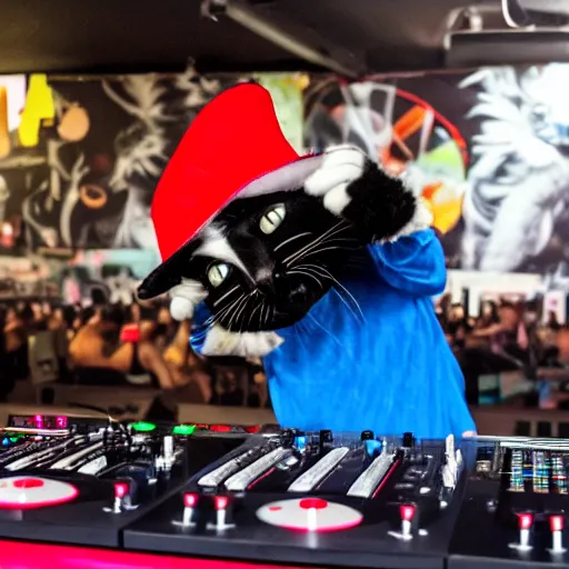Image similar to cat in the hat on the dj decks