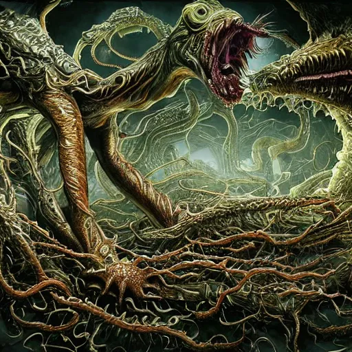 Image similar to a realistic extreme wide establishing shot 30mm cinematic movie like color film full body photograph of a dangerous shape shifting alien creature, with multiple mutated human faces, spewing long worm-like spiney tendrils out of its snarling mouth, with a grotesque variety of human and animal limbs protruding from its lower torso under the dreary fluorescent lights of a military lab in the style of an horror film, trending on art station, in the style of John Carpenter's The Thing 1982