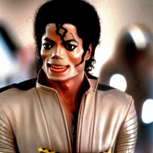 Image similar to a 80s film still of Michael Jackson as a Jedi in Star Wars, shallow depth of field, split lighting