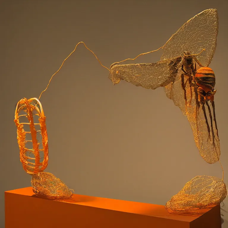 Image similar to hyperrealistic sculpture of a bronze fossilized cicada moth in a large cage made of orange nylon wire and beeswax on a pedestal by ron mueck and duane hanson and lee bontecou, hyperrealistic dramatic colored lighting trending on artstation 8 k