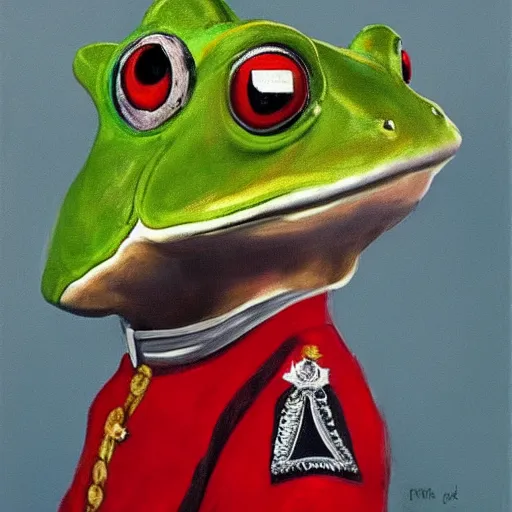 Image similar to a beautiful frog in a 19th century military outfit, oil on canvas. pixar