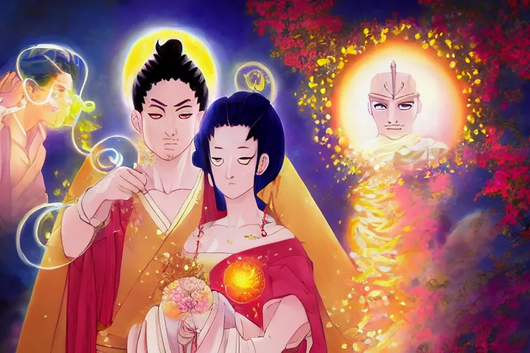 Image similar to a cinematic portrait of wedding photograph jpeg close up moment of a divine a japan sun god and moon goddess lovers magician at a wedding banquet. portraiture. digital painting. artstation. concept art. wedding photo. digital painting. naruto the movie art masterpiece by art by krenz cushart