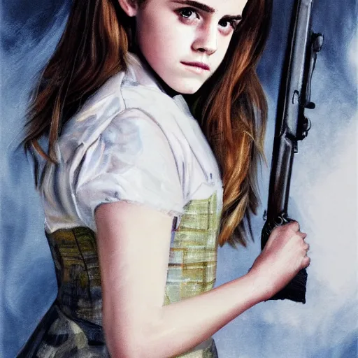 Image similar to a stunning portrait painting of young Emma Watson, holding a rifle, extremely detailed, 4K