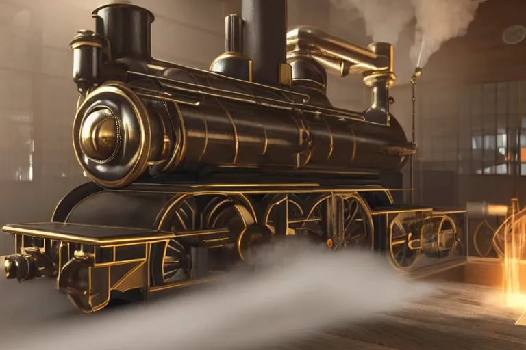 Image similar to still photo of the invention of steam engine, highly detailed, photorealistic shot, bright studio setting, studio lighting, crisp quality and light reflections, unreal engine 5 quality render