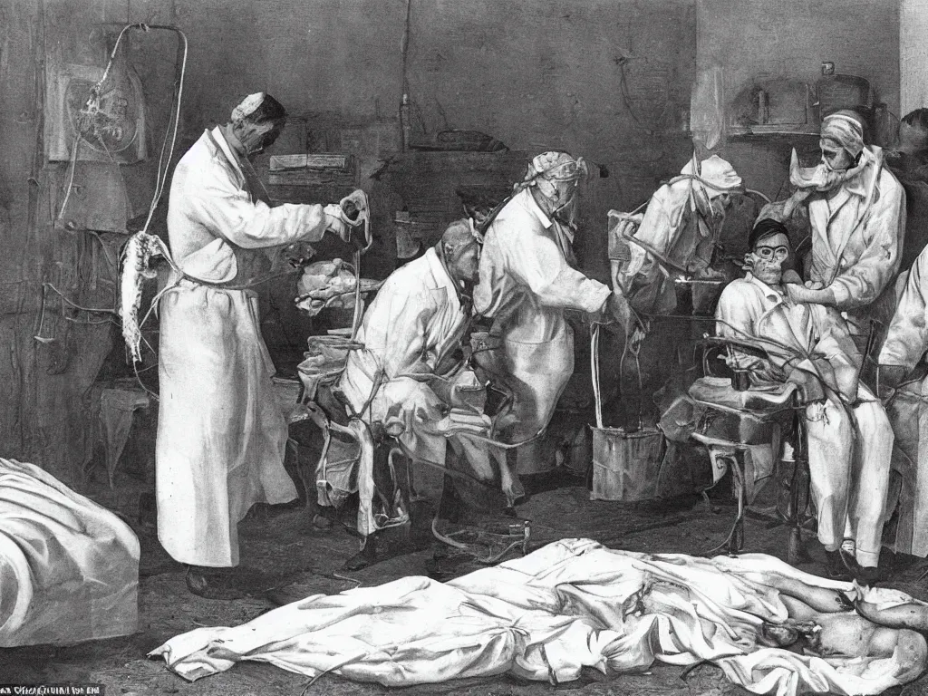 Image similar to a nurse is removing a cubic metre of compressed squid from a man's ears, the hospital is on fire, the nurse has three heads and is dressed in the skin of her father