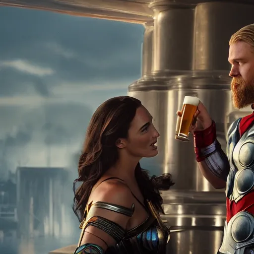 Prompt: cinematic film image of Thor and wonder woman having a beer, MCU, DCU, photo realistic, ultra detailed, trending on artstation, concept art, unreal engine render, 16k