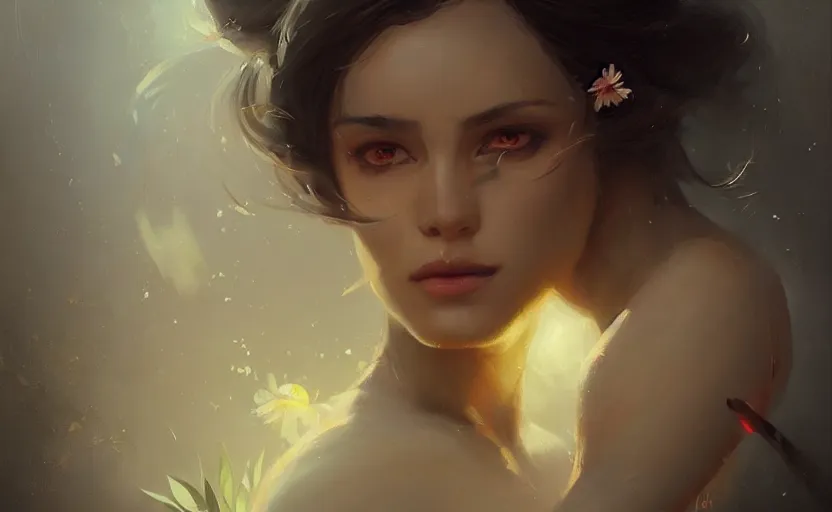 Prompt: a painting of jasmine trending on artstation in the style of greg rutkowski, beautiful, sensual, flower, portrait