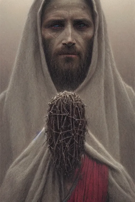 Image similar to portrait of Jesus Christ in hood and crown of thorns, dark fantasy, Warhammer, artstation painted by Zdislav Beksinski and Wayne Barlowe