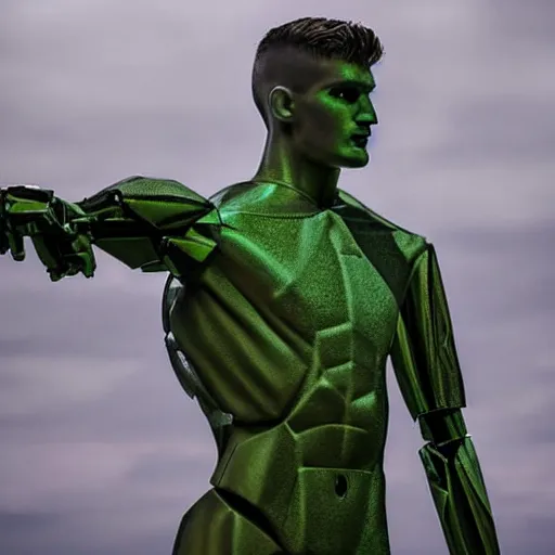 Image similar to a realistic detailed photo of a guy who is an attractive humanoid who is half robot and half humanoid, who is a male android, soccer player timo werner, shiny skin, posing like a statue, blank stare, by the pool, on display, showing off his muscles, humanoid robot, frozen ice statue, made of ice