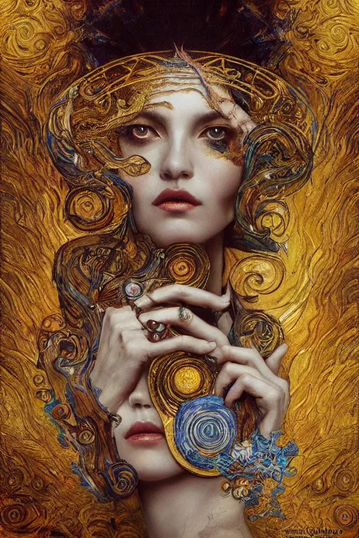 Image similar to Intermittent Chance of Chaos Muse by Karol Bak, Jean Deville, Gustav Klimt, and Vincent Van Gogh, beautiful surreal portrait, enigma, destiny, fate, inspiration, muse, otherworldly, fractal structures, arcane, ornate gilded medieval icon, third eye, spirals