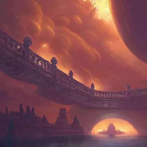 Image similar to A rococo spaceship above the Golden Bridge, by andreas rocha, featured on artstation