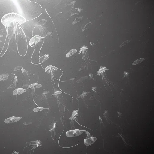 Image similar to bioluminiscent jellyfish, award winning black and white photography