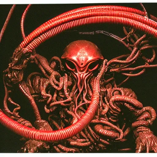 Prompt: cthulhu samurai, lots of cables and wiring. Photograph from blockbuster sci-fi film