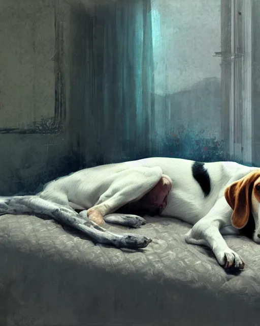 Prompt: detailed portrait of beagle lying on the bed by ismail inceoglu dragan bibin hans thoma greg rutkowski alexandros pyromallis nekro rene maritte illustrated, fine details, realistic shaded, fine - face, pretty