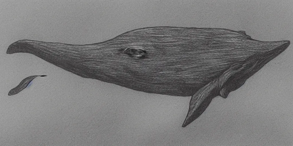 Image similar to pencil etching of a monstrous horrifying whale, its body is rotting