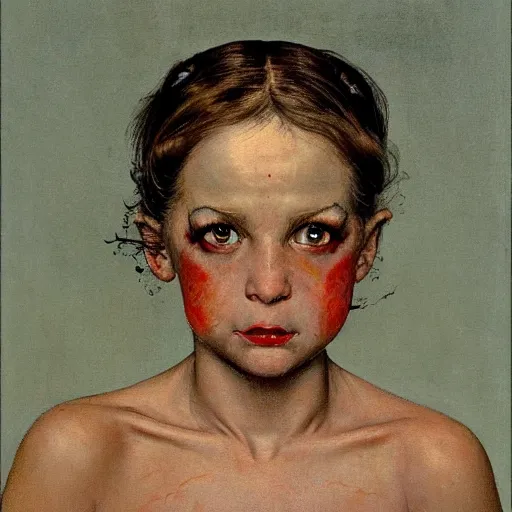 Image similar to Frontal portrait of a demon. Her skin is not quite fleshy, but bony. A painting by Norman Rockwell.