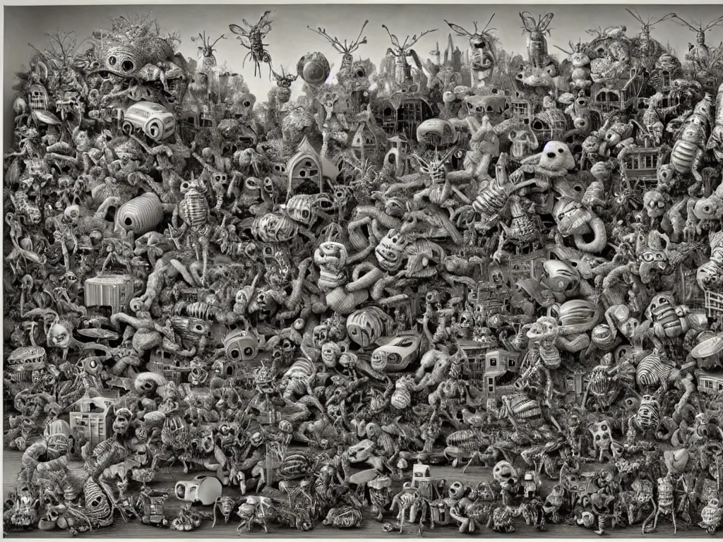 Image similar to by laurie lipton, a bunch of toys that are in the air, polycount, rococo, made of insects,