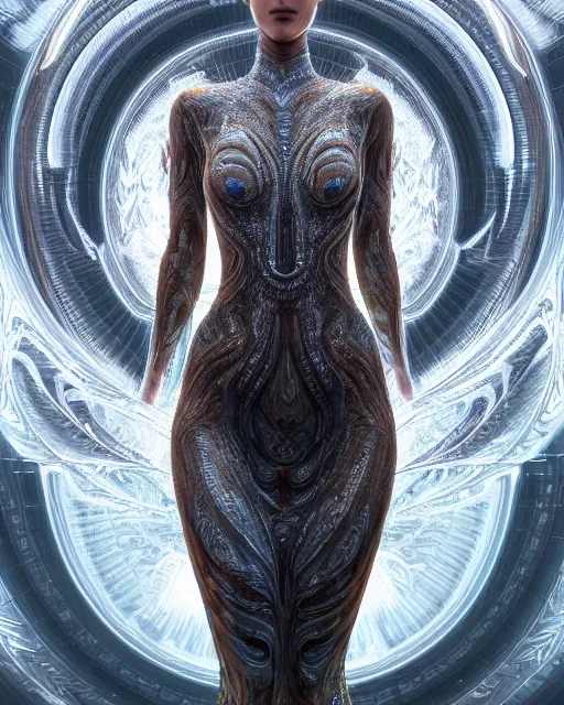 Prompt: a highly detailed metahuman 8 k close up render of bella hadid as alex grey art renaissance in iris van herpen dress in style of gustav klimt trending on artstation made in unreal engine 4