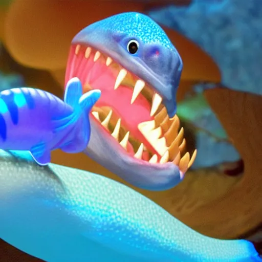 Prompt: smiling baby fish aquatic dinosaurs with glowing blue bio - phosphorescent lines throughout skin texture. rendered by pixar