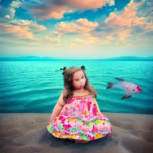 Prompt: spectacular scene of a little fat sweet girl with flowery dress, sitting on the sand, with a colorful fish, by the stormy lake. clear beautiful fat face. morning time. an amazingly beautiful scene. beautiful lighting, 4 k post - processing, trending in art station, cg society, highly detailed, 5 k extremely detailed, 3 d. stylize scene.