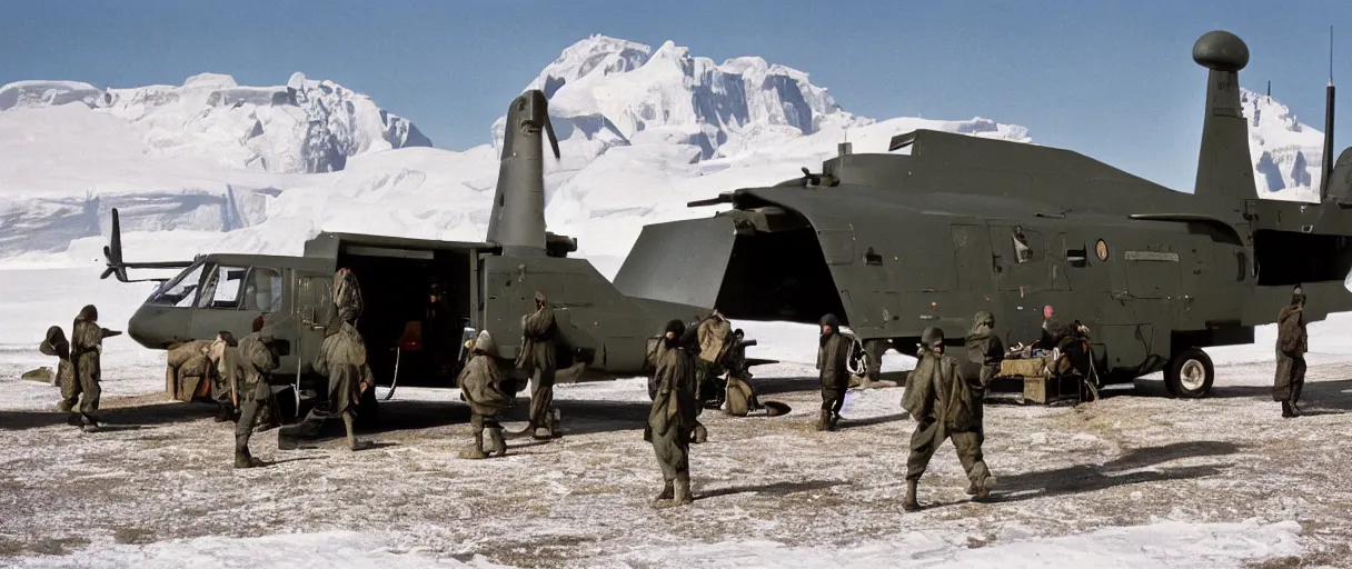 Prompt: establishing wide shot color movie like 3 5 mm photograph of middle aged caucasian us soldierss unloading dark grey metal rectangular crate from a black military 1 9 8 2 helicopter at a top secret military base in antarctica