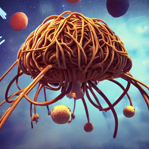 Prompt: the flying spaghetti monster in space, 3 d octane render, trending on artstation, edu souza