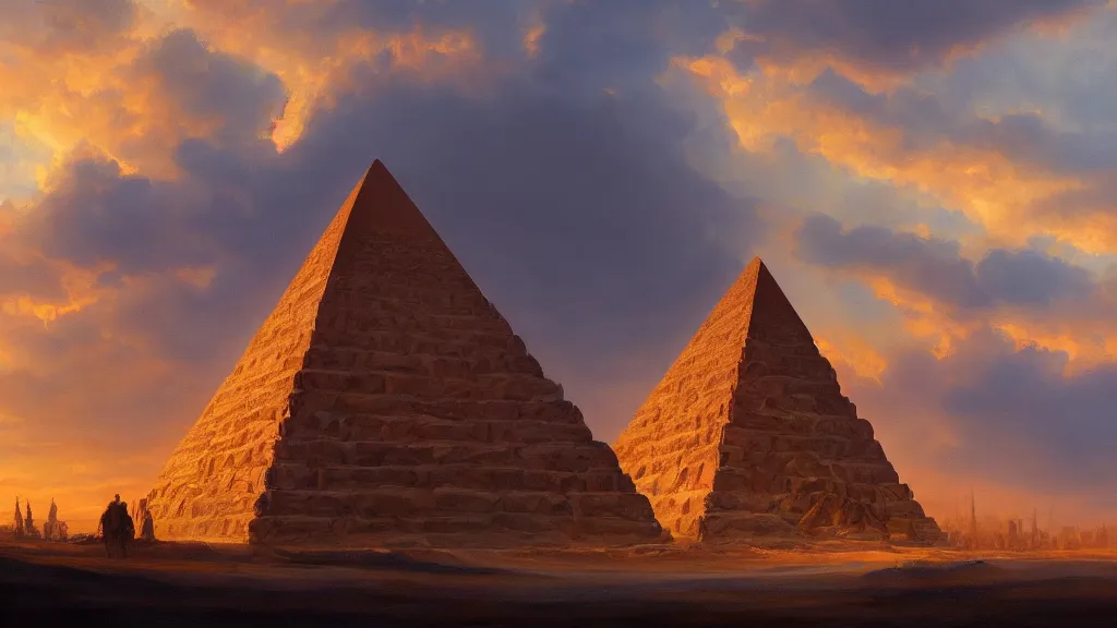 Image similar to Trending on artstation, beautiful pyramid with golden tip illuminated by the sunset, detailed matte painting, oil on canvas