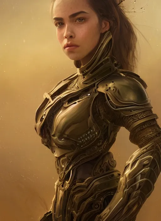 Image similar to a professional portrait of a beautiful young female, clothed in ethereal battle armor, olive skin, long dark hair, beautiful bone structure, symmetrical facial features, intricate, elegant, digital painting, concept art, smooth, sharp focus, finely detailed, illustration, from Valerian and the City of a Thousand Planets, in the style of Ruan Jia and Mandy Jurgens and Artgerm and Greg Rutkowski and William-Adolphe Bouguerea